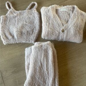 Rylee + Cru Plush Fuzzy Knit Cardigan/Pants Set in Dusty Blush